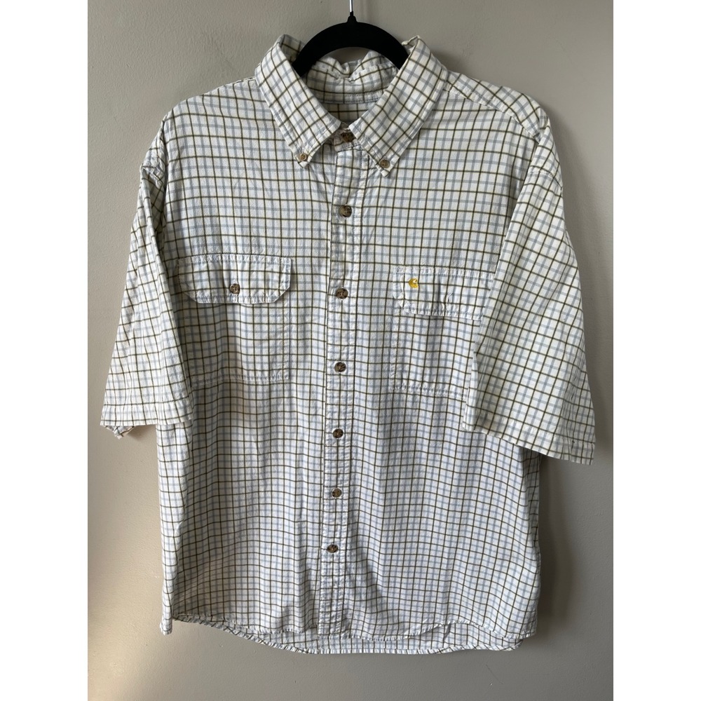 Carhartt Mens XL Short Sleeve Plaid Button Down Shirt Cotton White Grey Yellow